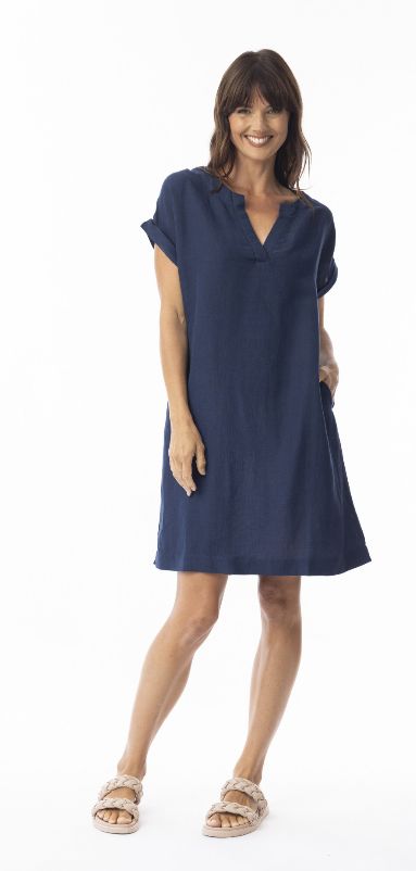 Linen Solid Dress Shift cap slv