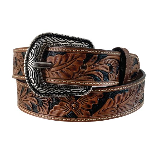 BOY'S BRIDLE FULL GRAIN LEATHER TAN BELT - FLORAL HAND TOOLE, Size: 20