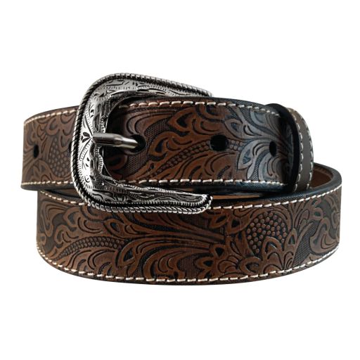 BOY'S GENUINE NATURAL LEATHER BROWN WESTERN BELT - FLORAL EM, Size: 20