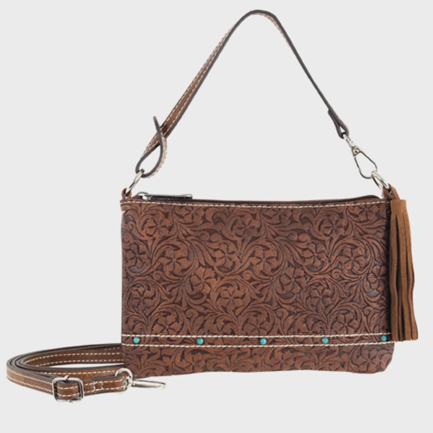 Justin Ladies Mini Shoulder Cognac With Floral Emboss