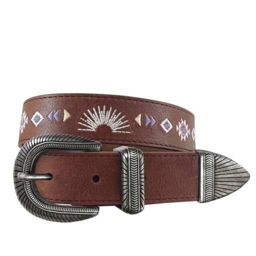 GIRL'S BUFFALO BROWN LEATHER BELT WITH AZTEC EMBROIDERY, Size: MEDIUM
