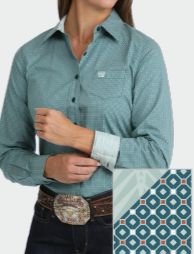 Ladies Cinch Teal Print L/S Shirt