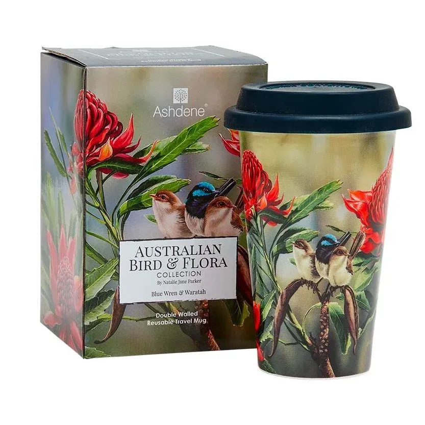 Ashdene Double Walled Travel Mug, Pattern: Wren and Waratah