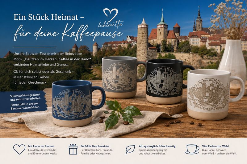 Keramik-Tasse „Bautzen im Herzen“ – Kaffee in der Hand