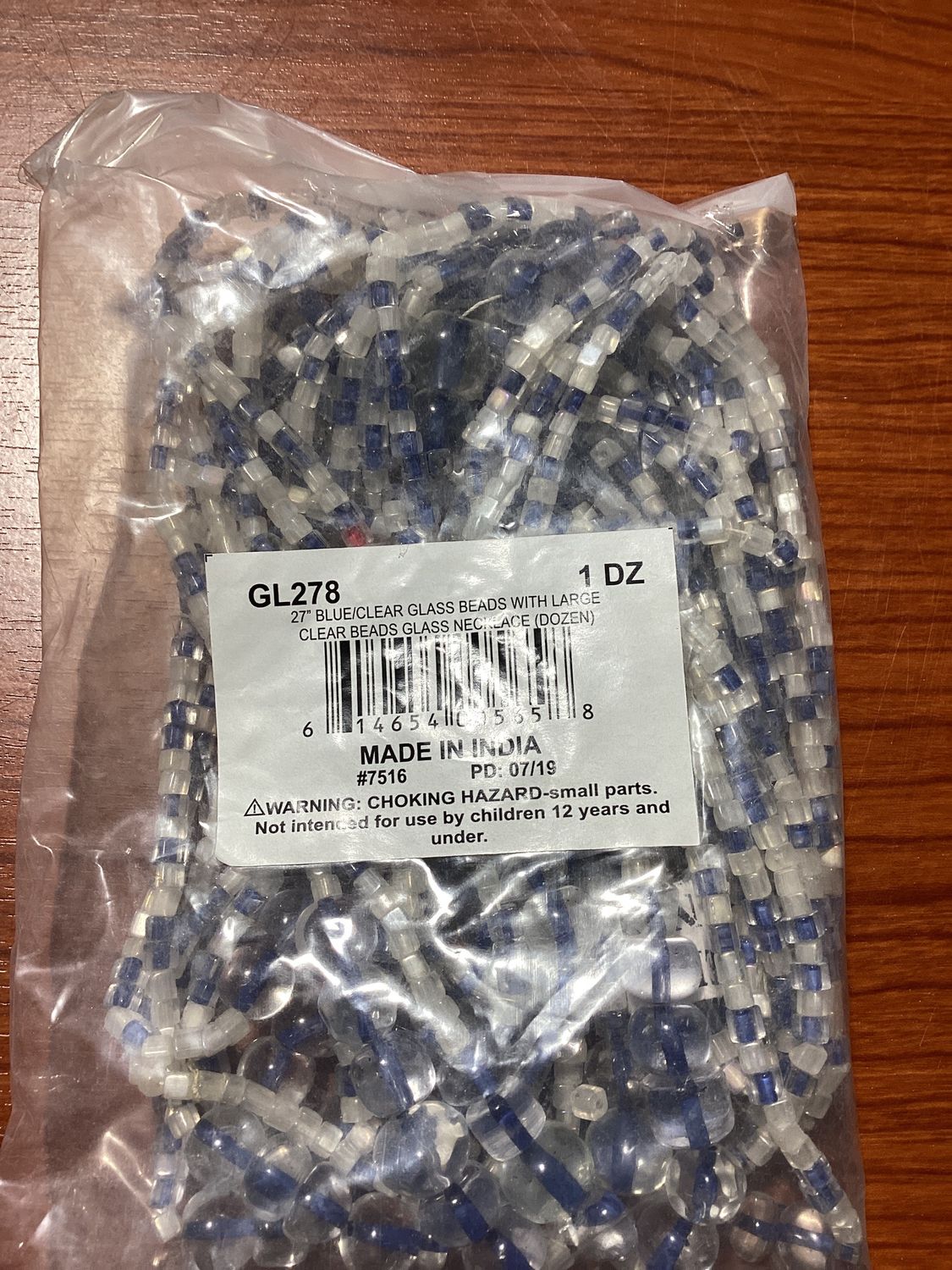 27" Blue and Clear Glass Beads with Large Clear Glass Bead Necklace (Dozen)