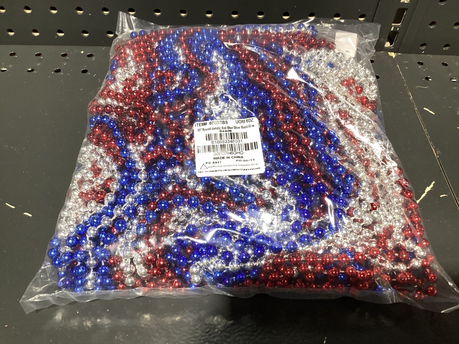 33&quot; Round Metallic Red, Blue and Silver Mardi Gras Beads - Case (60 Dozen)