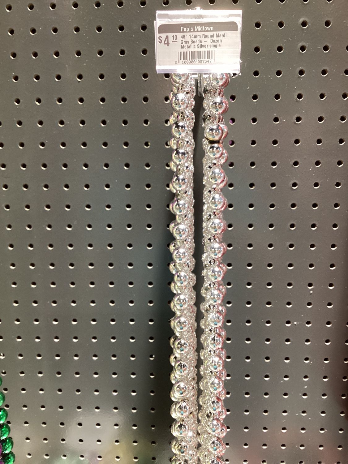 48" 14mm Round Mardi Gras Beads - Dozen Metallic Silver single