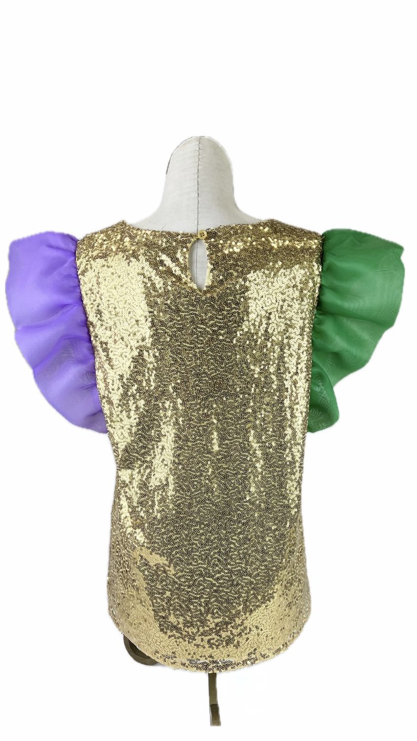 Mardi Gras Color Block Sequin Top Organza Sleeve, Size: Large