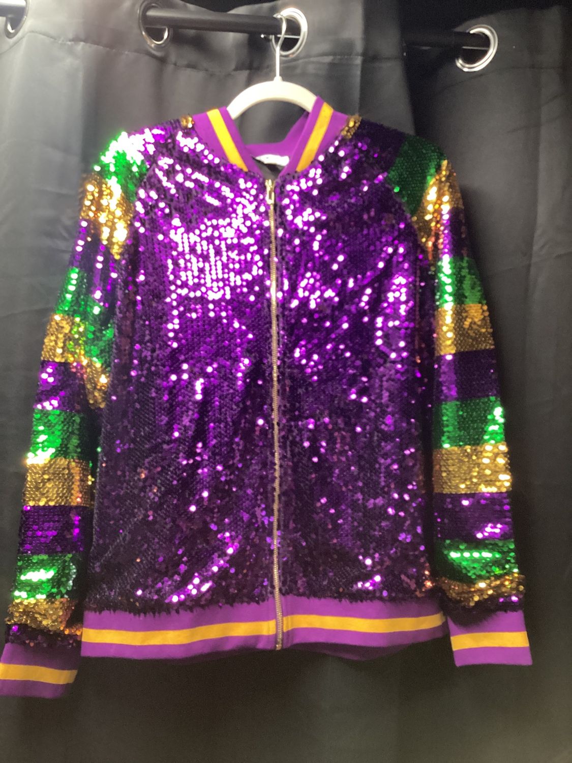 Mardi Gras Color Block Sequin Bomber Jacket, Size: Medium