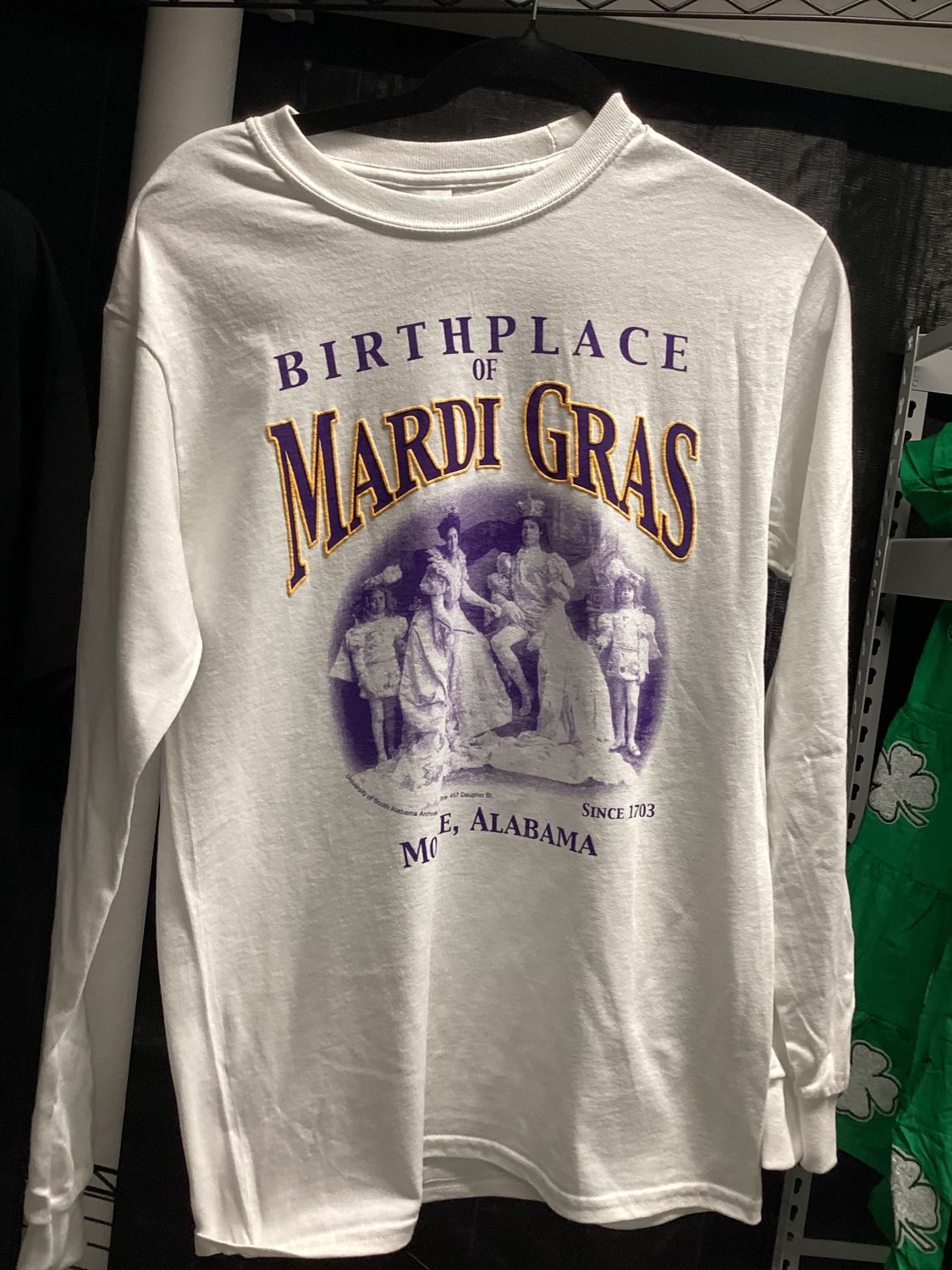 Birthplace of Mardi Gras Tee White Long Sleeve, Size: Small