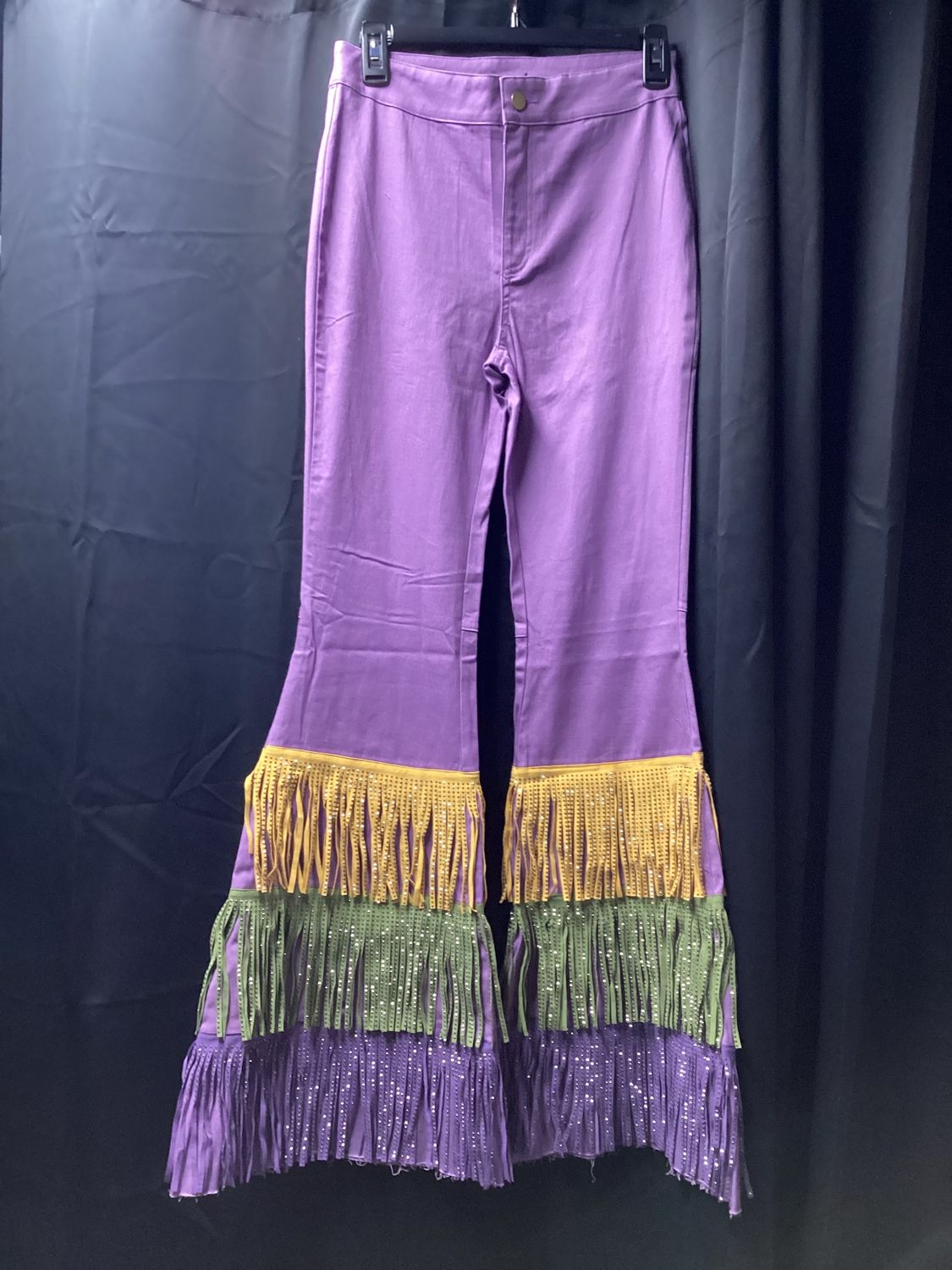 Mardi Gras Rhinestone Fringed Purple Bell Bottom Pants, Size: Large