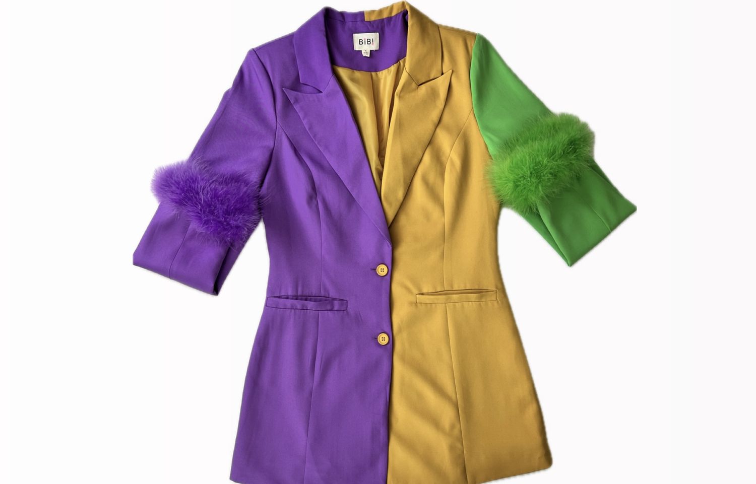 Mardi Gras Color Block Faux Fur Cuff Single Blazer, Size: Large