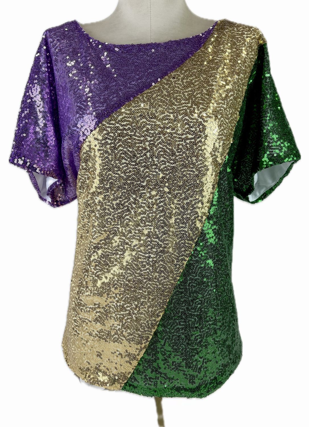 Purple, Green and Gold Sequin Short Sleeve Shirt, Size: XL