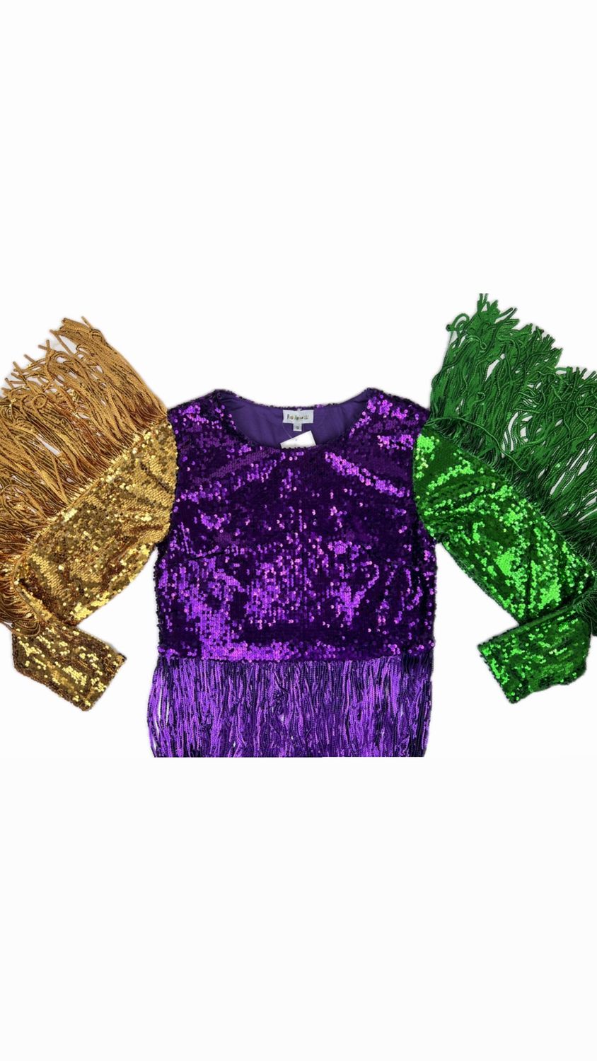 Mardi Gras Fringe Detailed Sequins Crop Top, Size: Large