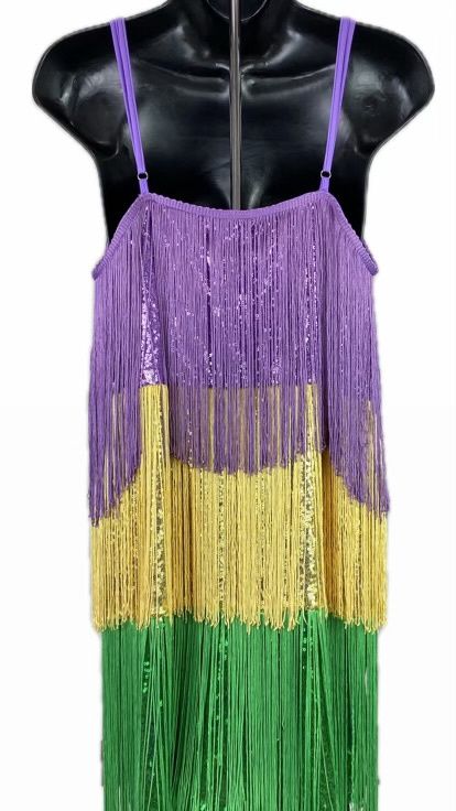 Mardi Gras Tiered Sequin Dress With Fringe, Size: Medium