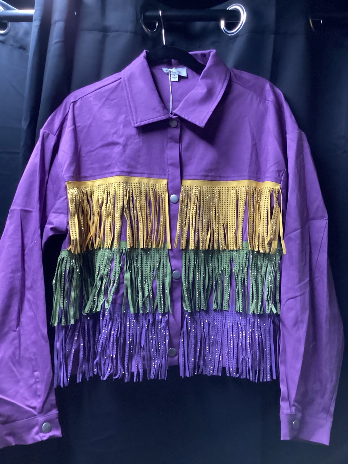 Mardi Gras Rhinestone Fringe With Studded Collar Purple Jacket, Size: XL