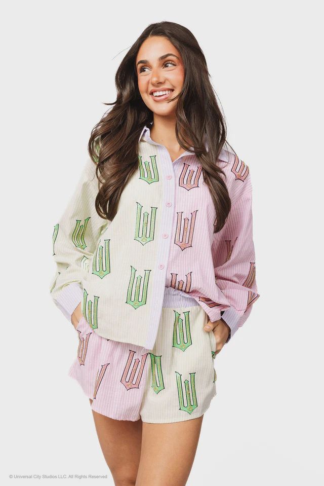 Licensed Green, Pink &amp; Lavender Wicked Cotton Button Down Top