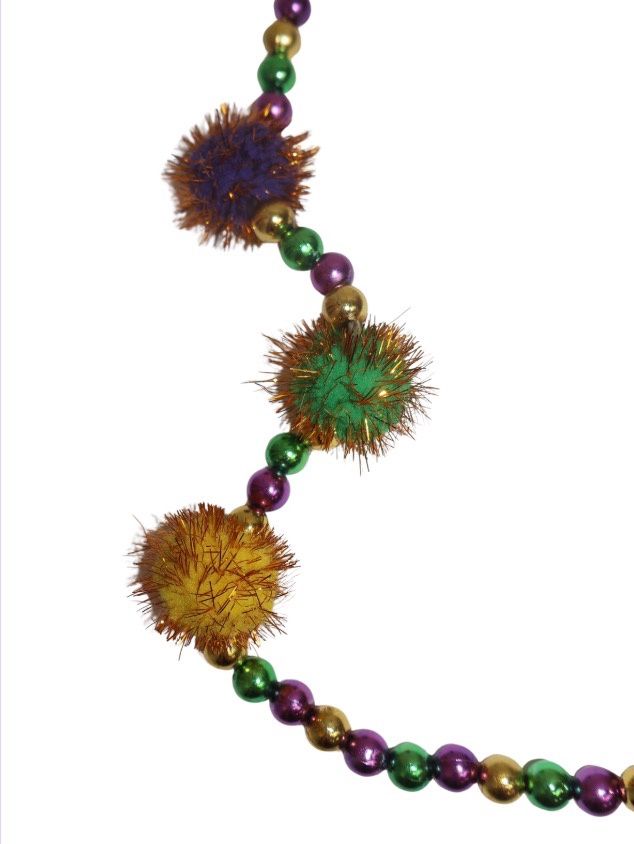 42" 40MM Purple, Green and Gold Tinsel Ball Necklace single