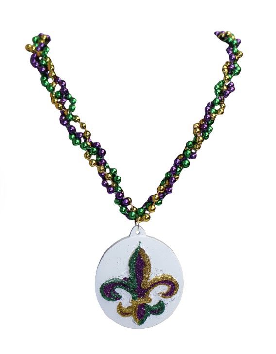 36" Purple, Green and Gold Fleur de Lis Glitter Medallion Mardi Gras Beads single