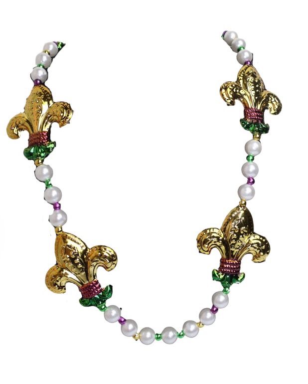 42" Purple, Green and Gold Fleur de Lis Mardi Gras Beads single