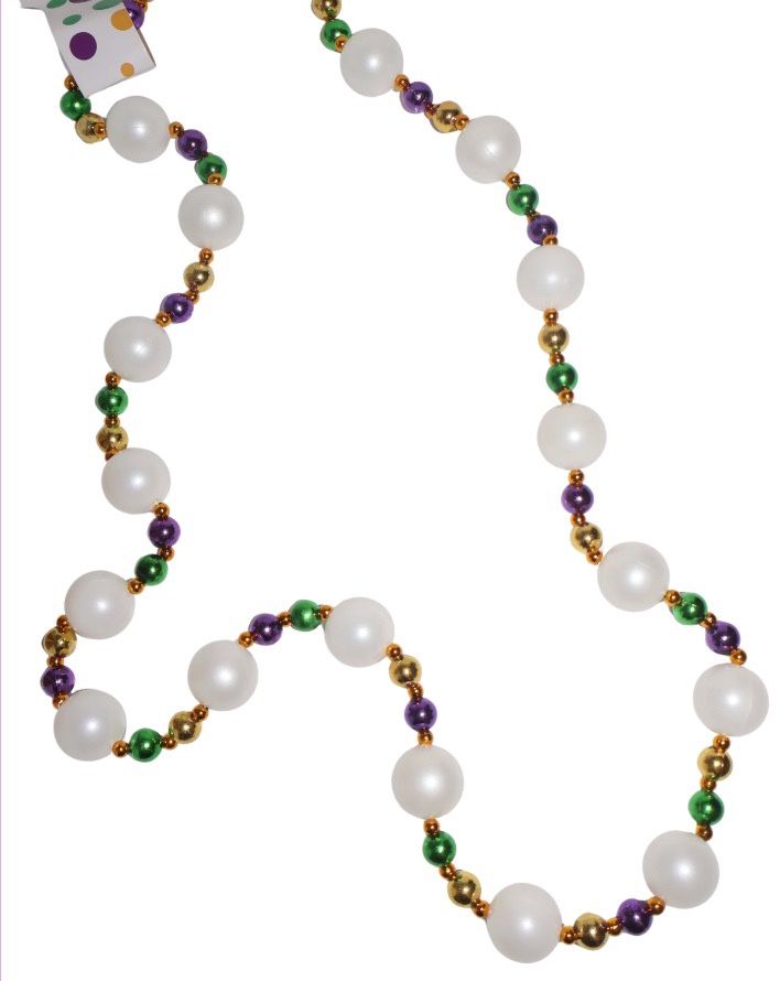52" 25mm Pearl White Necklace with Alternating Purple, Green and Gold Beads single
