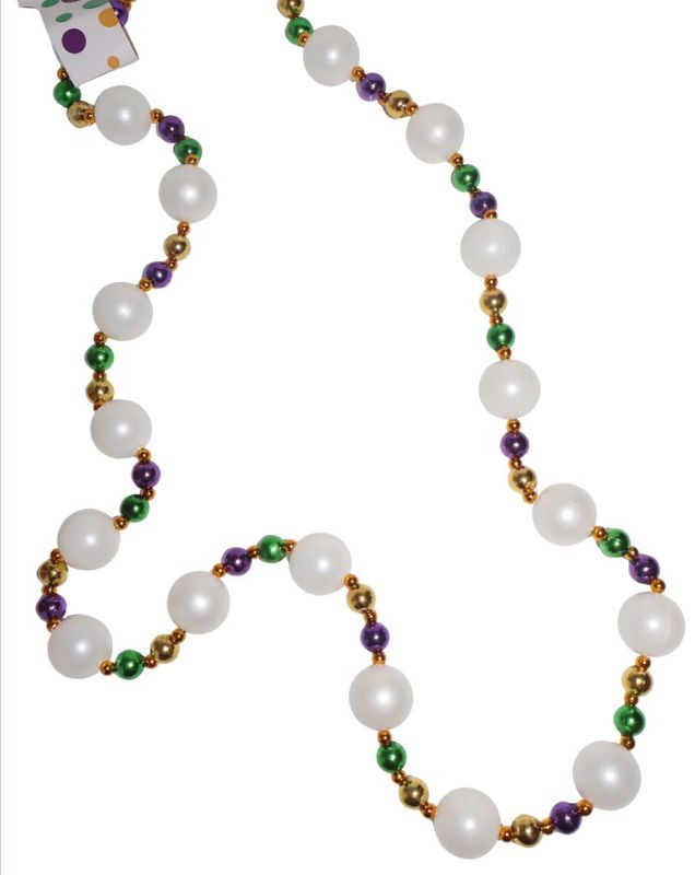 52&quot; 25mm Pearl White Necklace with Alternating Purple, Green and Gold Beads single