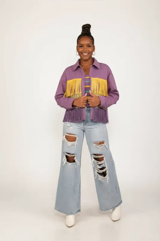Mardi Gras Rhinestone Fringe With Studded Collar Purple Jacket