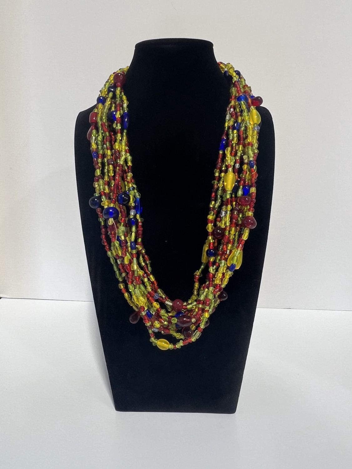 27" Blue and Green and Red and Yellow Glass Bead Necklace (Dozen)