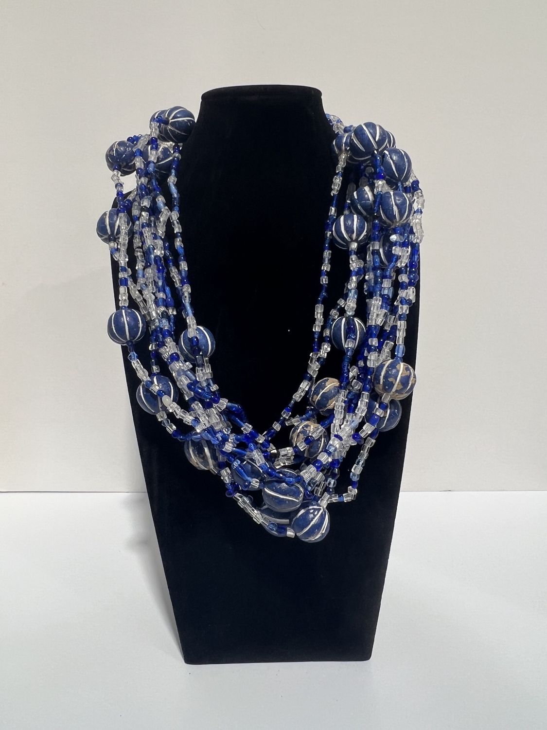 27" Blue &amp; White Glass and Clay Bead Necklace (Dozen)