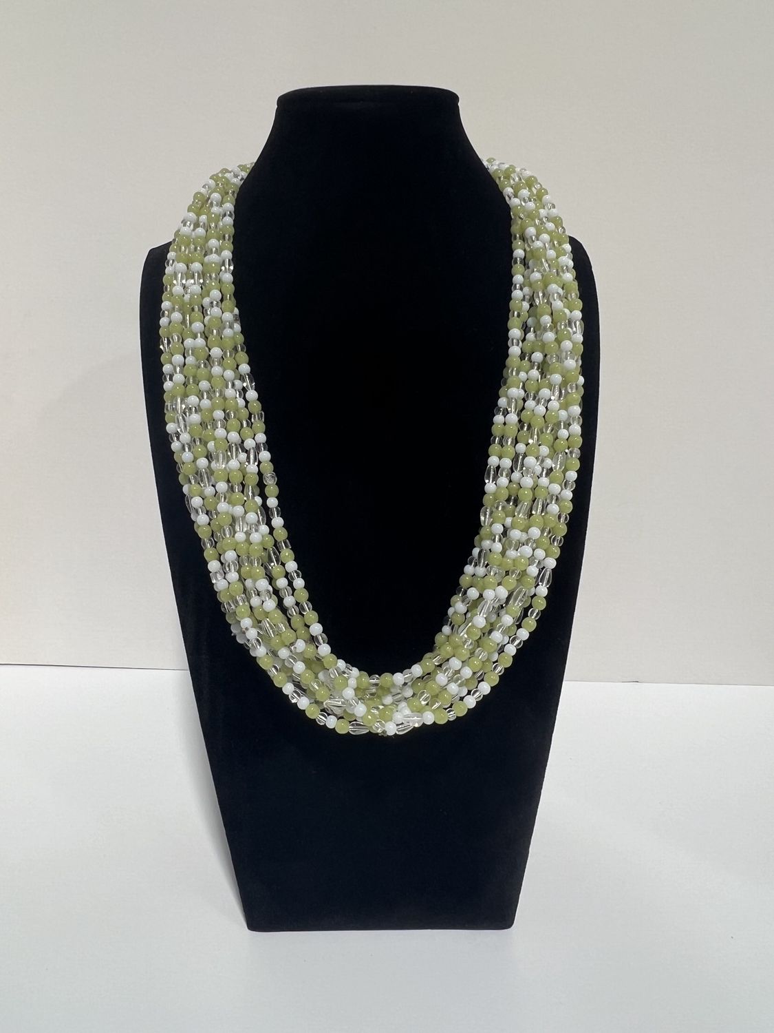 27" Silver and Green and White Glass Bead Necklace (Dozen)
