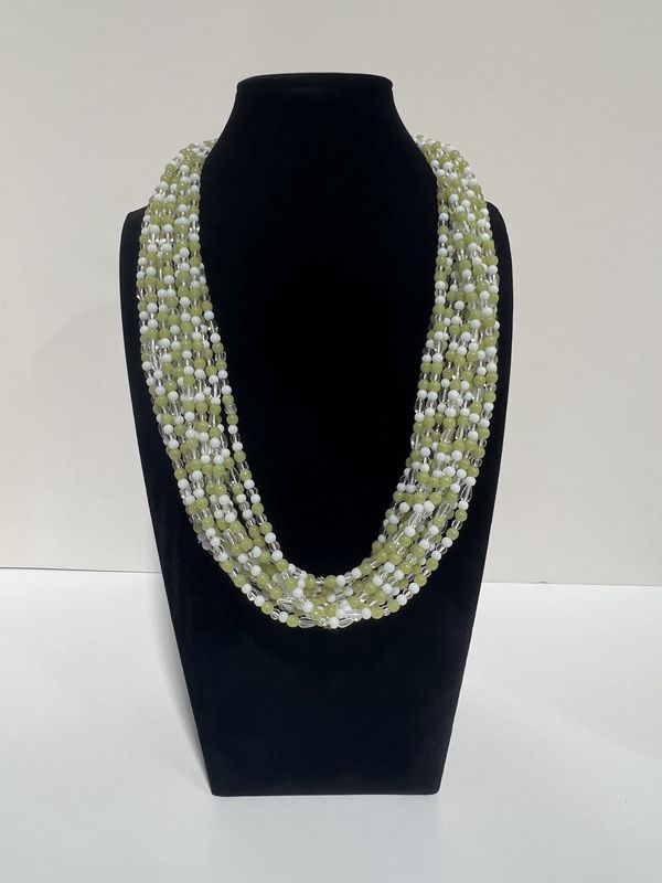 27&quot; Silver and Green and White Glass Bead Necklace (Dozen)