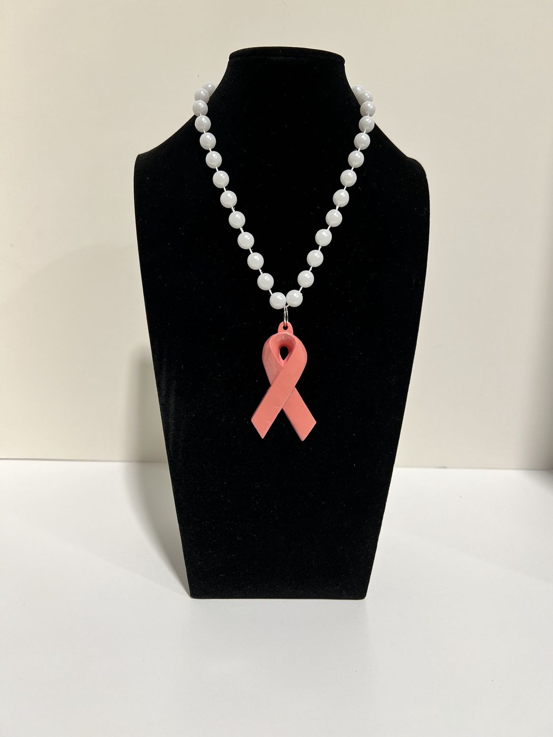 33" 10mm Pearl White MOT Bead with Pink Ribbon (Each)