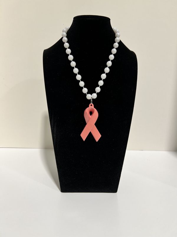 33" 10mm Pearl White MOT Bead with Pink Ribbon (Each)