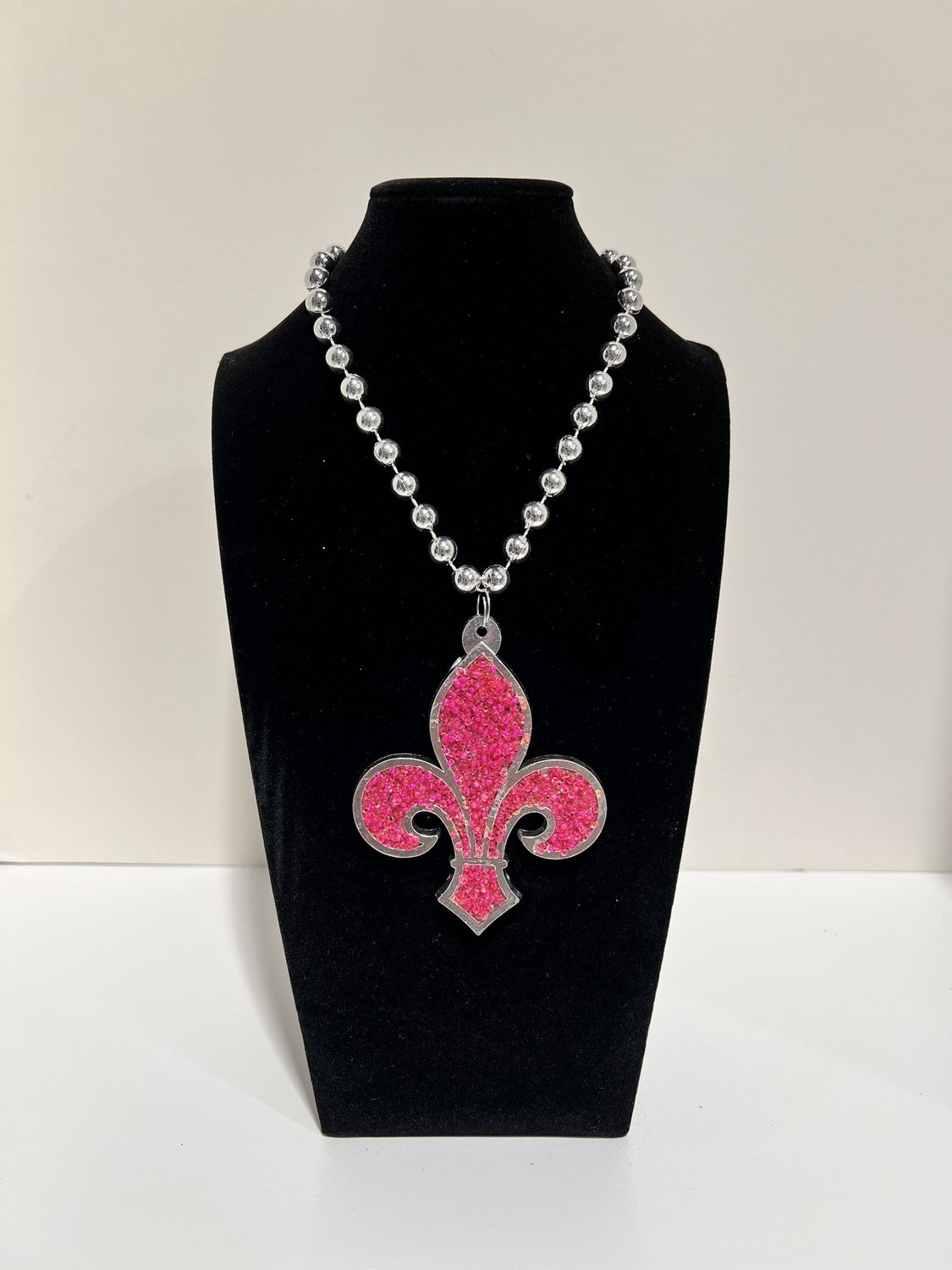 33&quot; 10mm Silver Bead with Hot Pink Fleur de Lis Necklace single