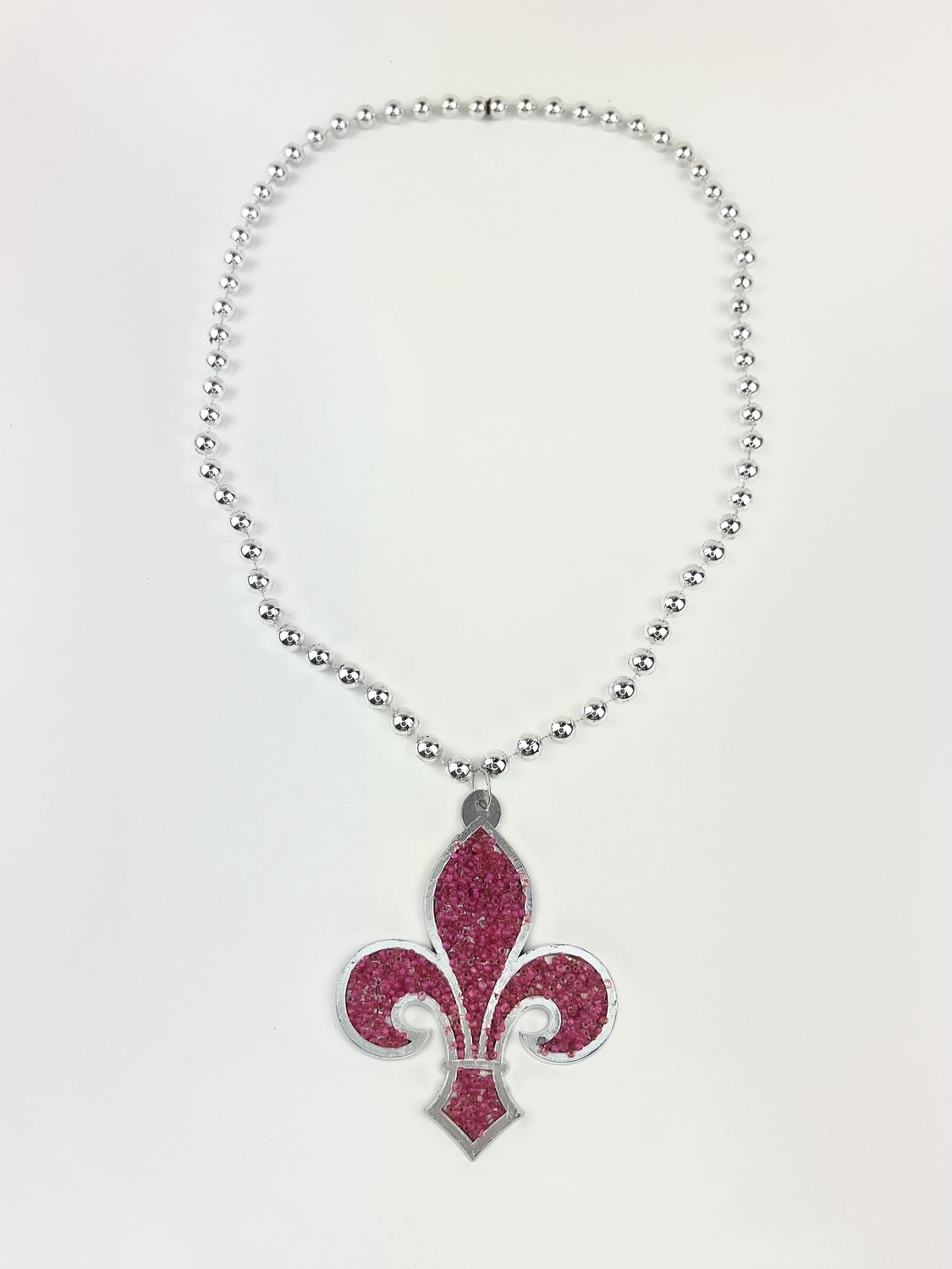 33" 10mm Silver Bead with Hot Pink Fleur de Lis Necklace (Dozen)