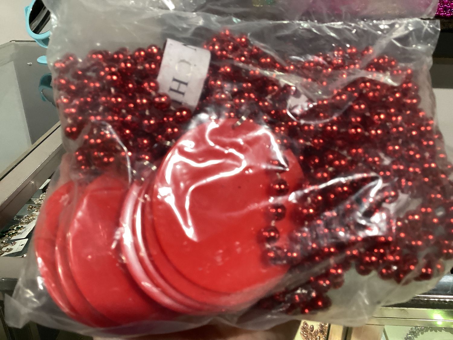 33&quot; 7mm Metallic Red Bead Necklace with 2.5&quot; Red Disc (Dozen)