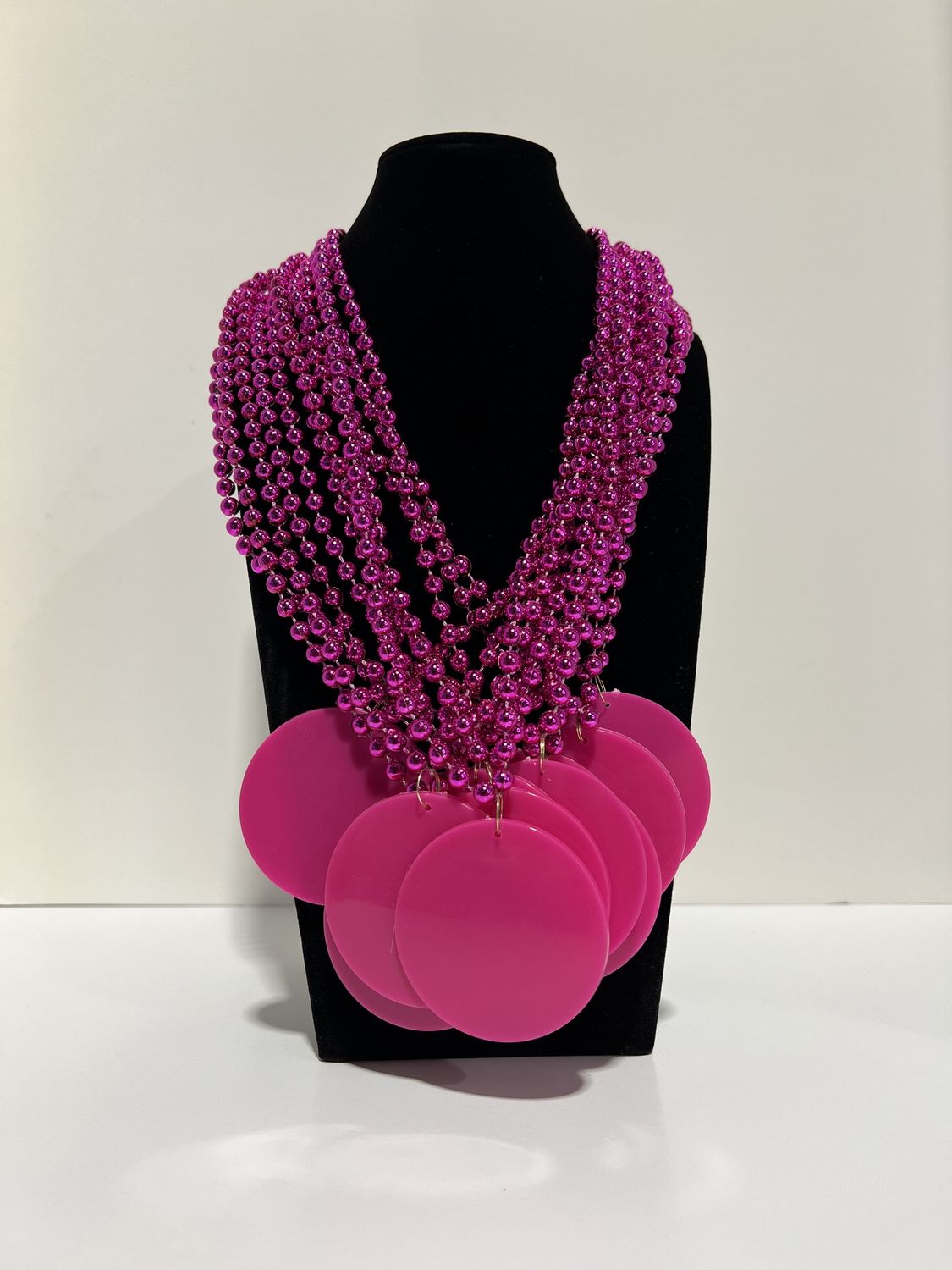 33" 7mm Metallic Hot Pink Bead Necklace with 2.5" Hot Pink Disc (Dozen)