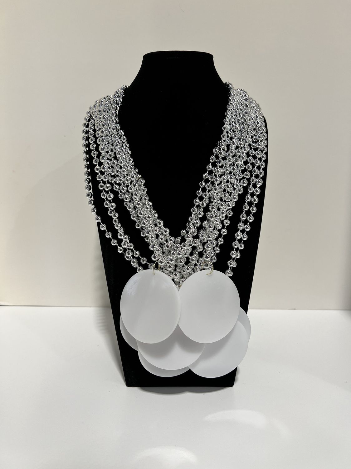 33" 7mm Metallic Silver Bead Necklace with 2.5" White Disc (Dozen)