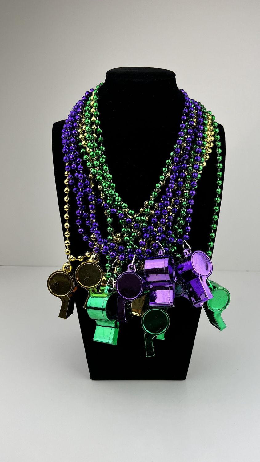33&quot; Whistle Necklace Purple, Green And Gold (Dozen)
