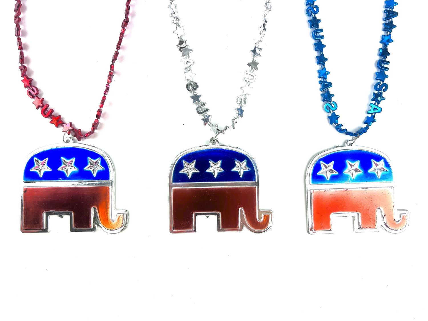 33" USA Bead Necklace - Red, Blue and Silver with Republican Medallion (Dozen)