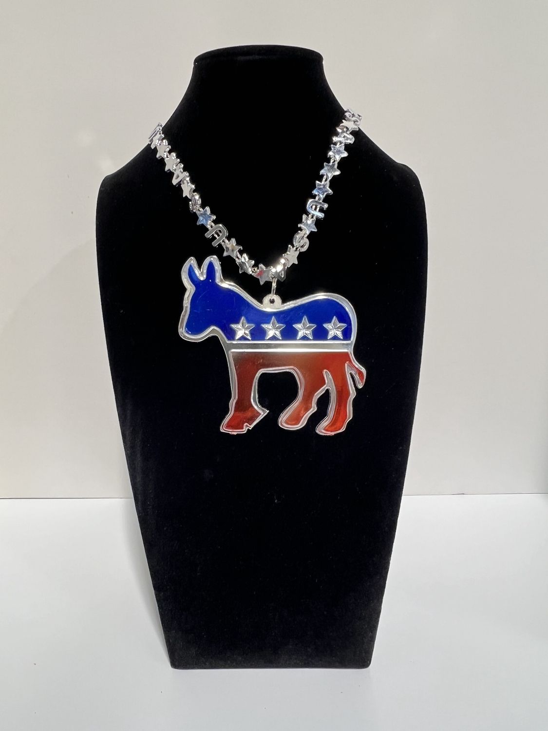 33" USA Bead Necklace - Red, Blue and Silver with Democratic Medallion (Dozen)