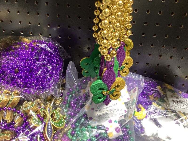 36&quot; 10mm Purple, Green and Gold Glitter Fleur de Lis with Mask Necklace single