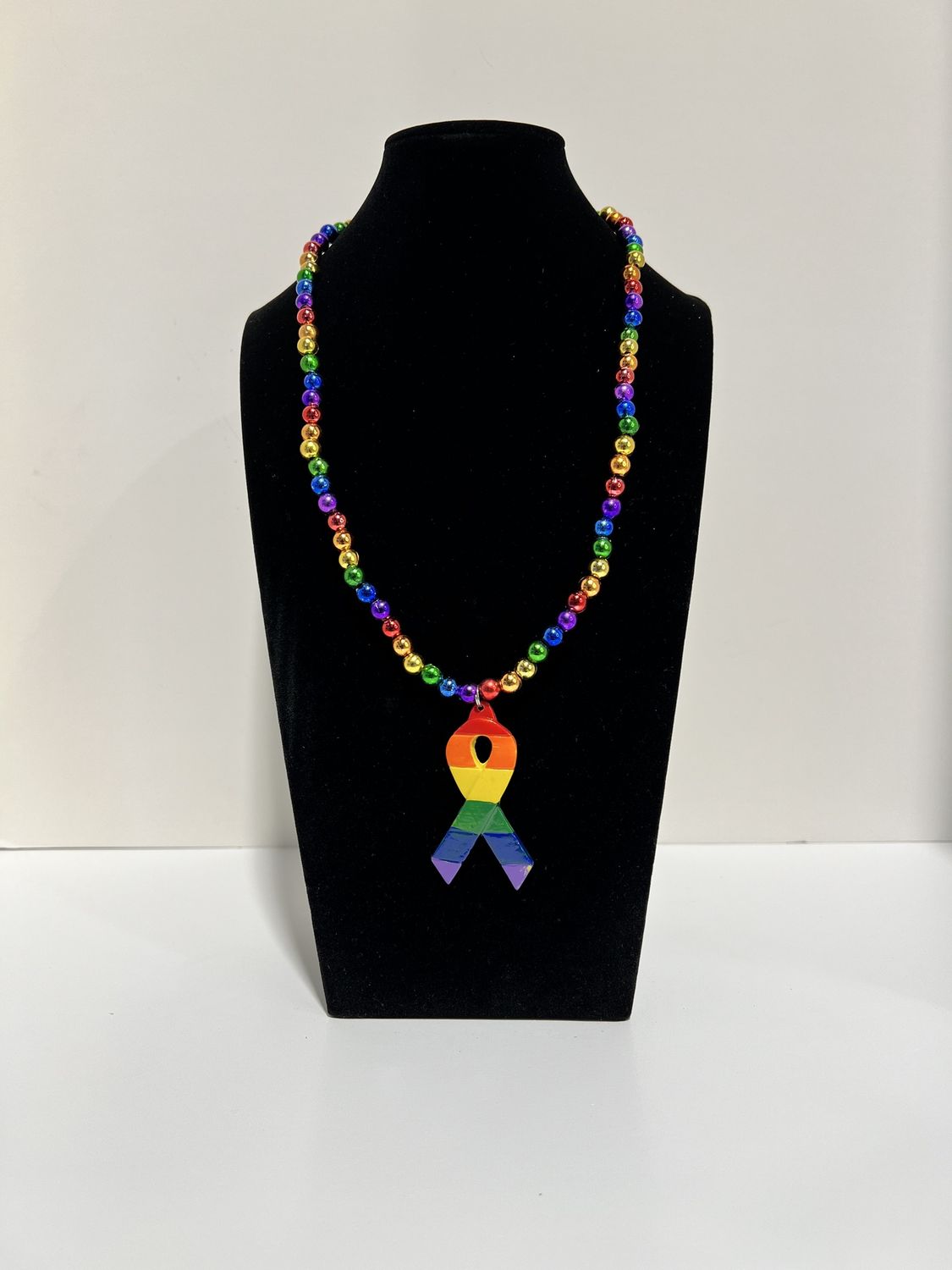 36" 8MM Rainbow Beads w/ Ribbon Medallion