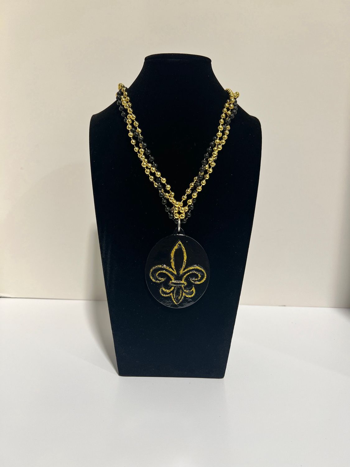 36&quot; Black and Gold Braided Chain with A Fleur de Lis Glitter Medallion single