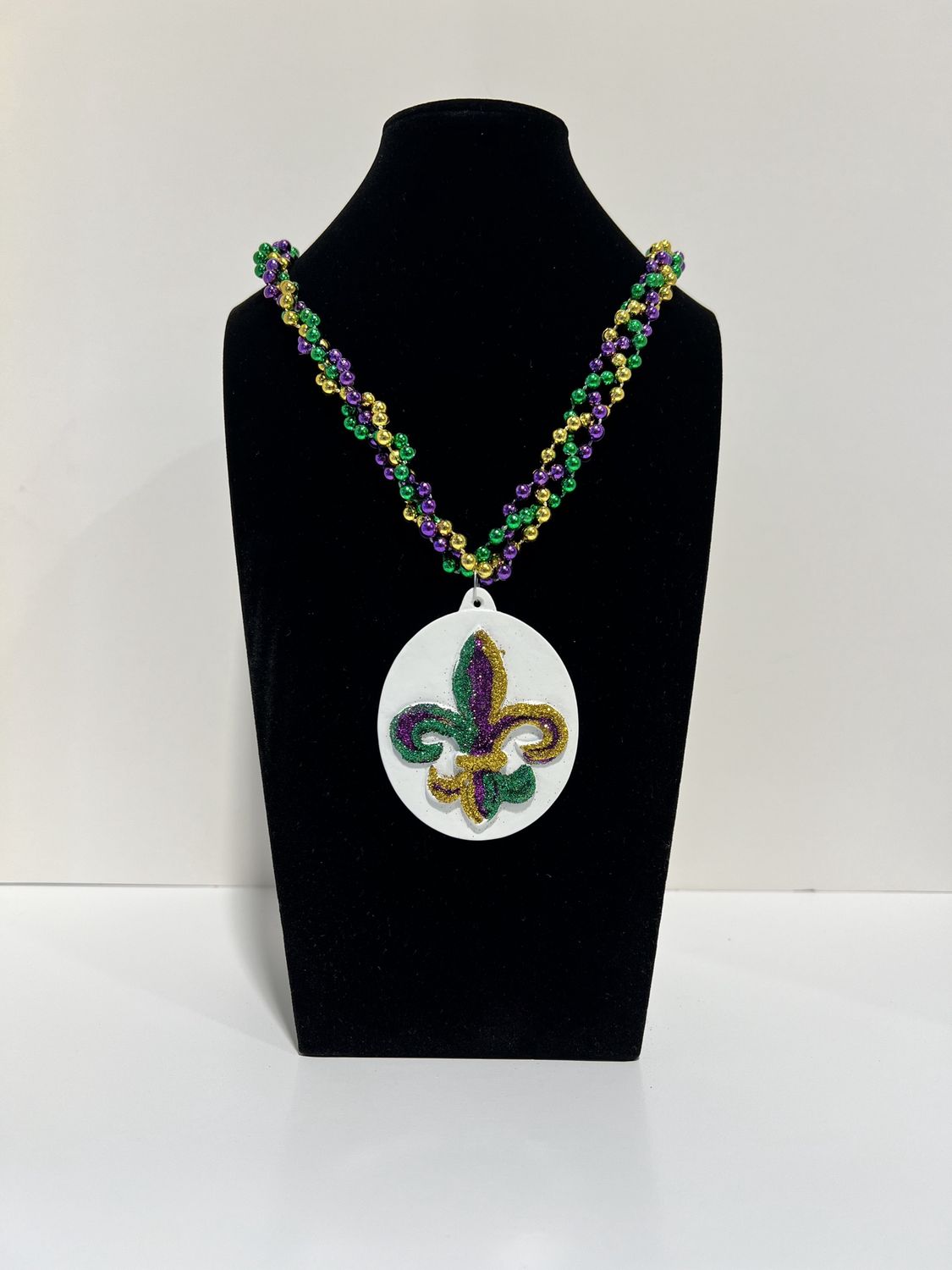 36" Purple, Green and Gold Fleur de Lis Glitter Medallion Mardi Gras Beads (Dozen)