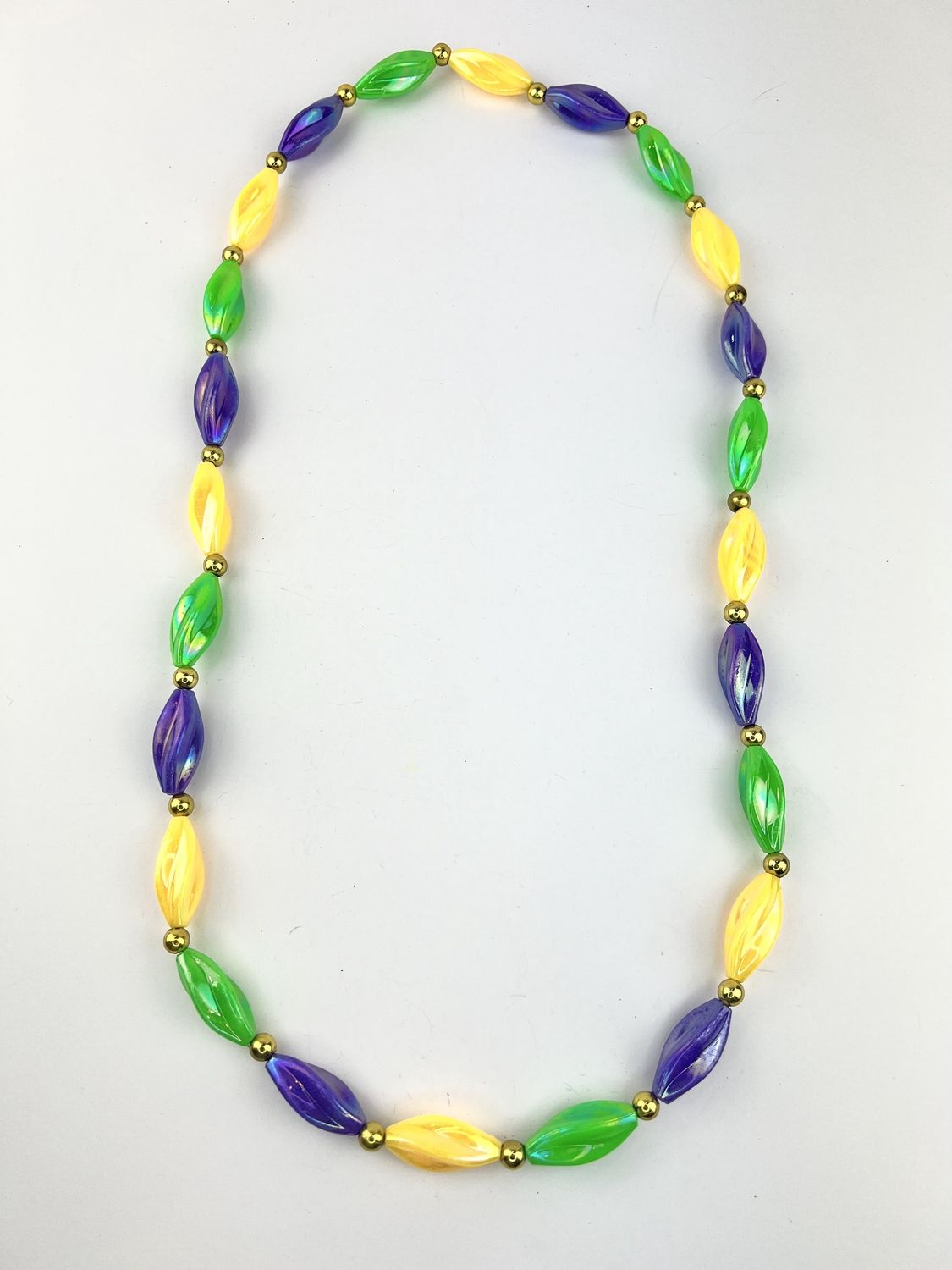 38&quot; Swirl Aurora Borealis Purple, Green and Gold Mardi Gras Beads (Dozen)