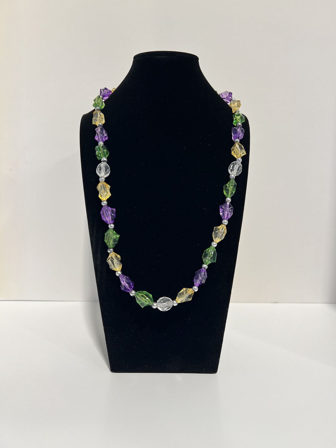 38" Acrylic Purple, Green and Gold Infiniti Stone Bead Necklace (Dozen)