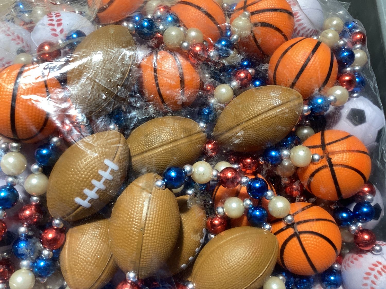 42" 10mm Four Sportsball Handstrung with Red White &amp; Blue Alternating Bead, 7mm Gold Spacers (Dozen)