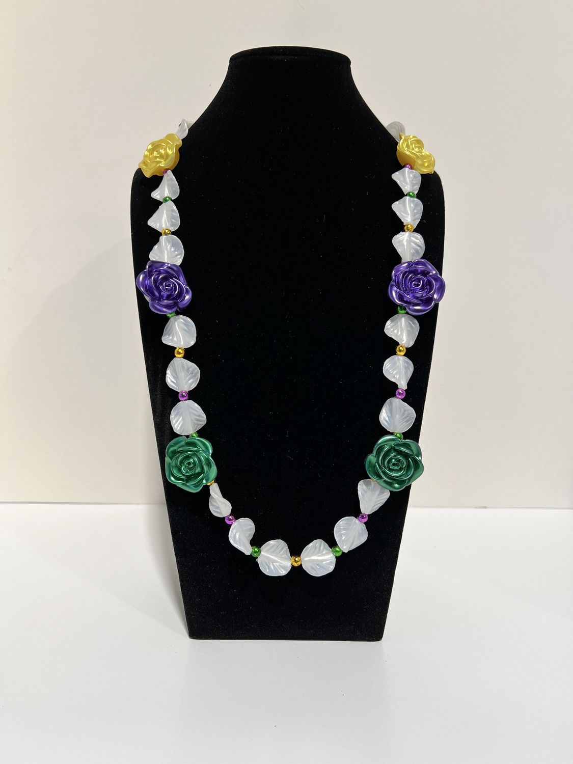 42" Purple, Green and Gold Roses Necklace (Dozen)