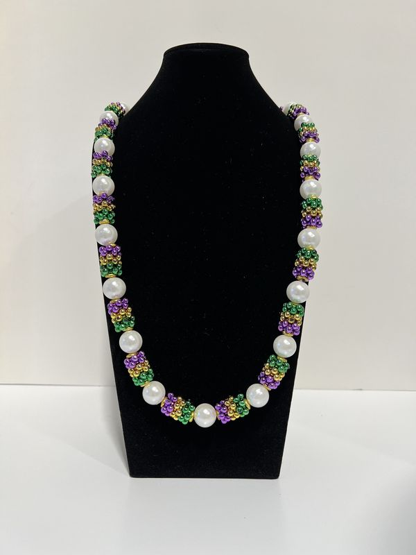 42&quot; Purple, Green and Gold with White Pearl Mardi Gras Bead single